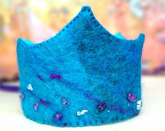 Turquoise Woollen Birthday crown with Amethyst stones - Waldorf - Celebration Crown