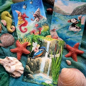 Unterwasserwelt Postkarten als 3er-Set oder einzeln - Waldorf - Papageientaucher - Seepferdchen - Eisvogel - Muscheln - Jahreszeitentisch - Meer - Ozean