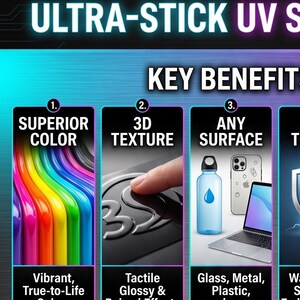 Peut inclure: Image promotionnelle pour les autocollants UV Ultra-Stick. Avantages clés : couleurs vives, texture 3D et adhérence sur toutes surfaces. Exemples d'utilisation : étiquettes de produits, marquage d'équipement, autocollants automobiles et affichages en vitrine. Le texte "Design Yours Today" est inclus.