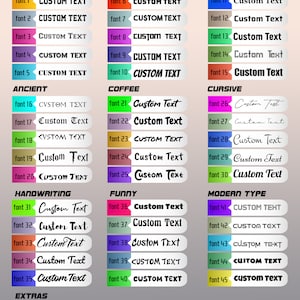 Puede incluir: Imagen que muestra opciones de fuentes para dise&ntilde;os de texto personalizados. La imagen presenta varios estilos de fuente categorizados como Sportive, Block Letters, Classics, Ancient, Coffee, Cursive, Handwriting, Funny, Modern Type y Extras, cada uno con texto de ejemplo.