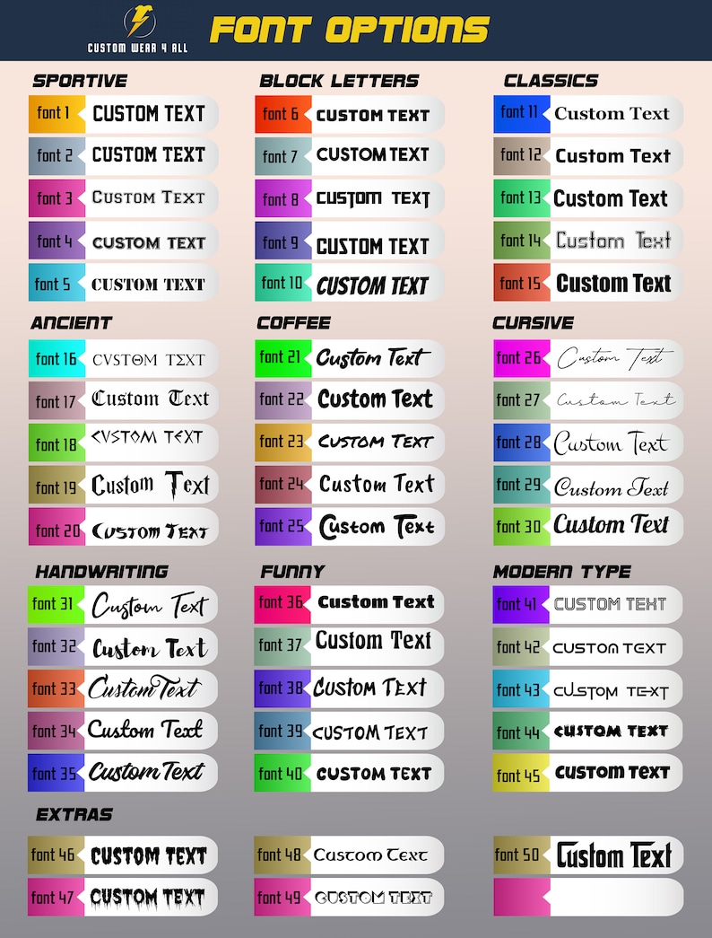 Puede incluir: Imagen que muestra opciones de fuentes para dise&ntilde;os de texto personalizados. La imagen presenta varios estilos de fuente categorizados como Sportive, Block Letters, Classics, Ancient, Coffee, Cursive, Handwriting, Funny, Modern Type y Extras, cada uno con texto de ejemplo.