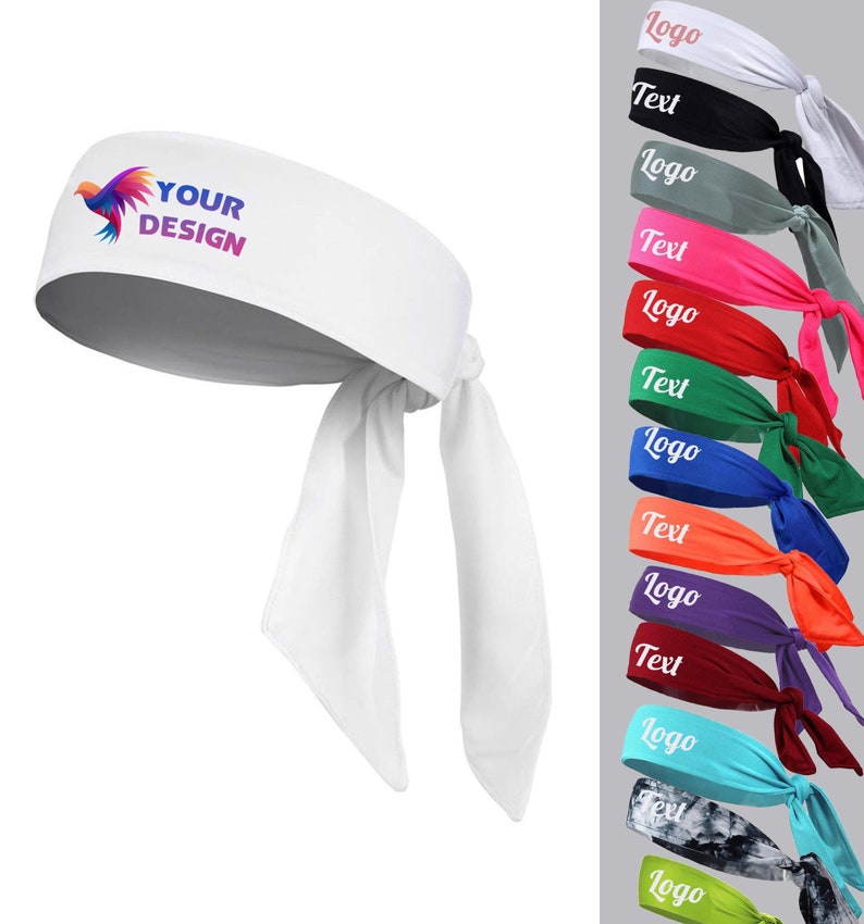 May include: White headband with a colourful bird logo and the text "YOUR DESIGN". The headband is tied in a knot at the back. The image also shows a variety of colours and styles of headbands with the words "Logo" and "Text" printed on them.
