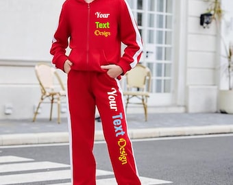 Customizable Closed Bottom Women's Tracksuit Set, Personalized Text on Sweatsuit