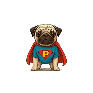 Puede incluir: Ilustraci&oacute;n de un pug con una camiseta azul con una "P" amarilla y una capa roja. El pug tiene un pelaje marr&oacute;n claro, orejas negras y ojos grandes y oscuros. El fondo es blanco.