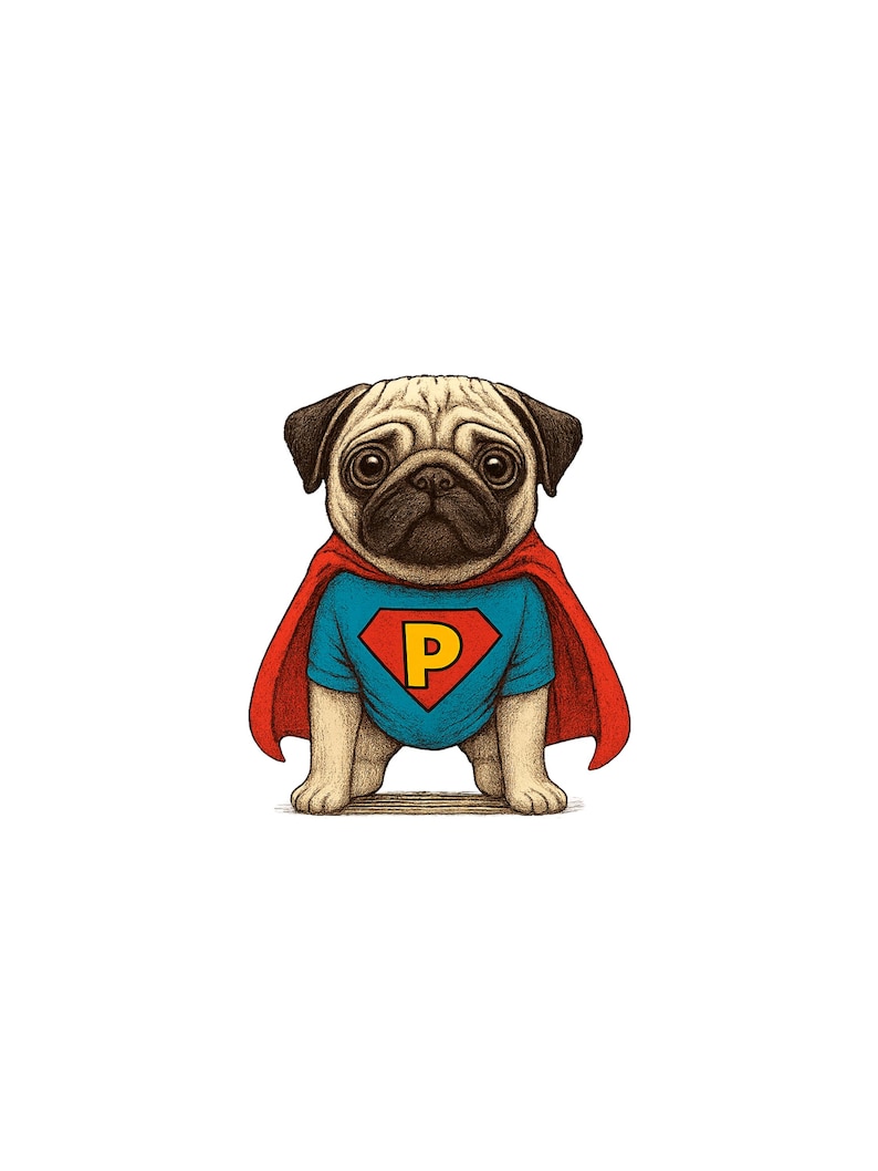 Puede incluir: Ilustraci&oacute;n de un pug con una camiseta azul con una "P" amarilla y una capa roja. El pug tiene un pelaje marr&oacute;n claro, orejas negras y ojos grandes y oscuros. El fondo es blanco.