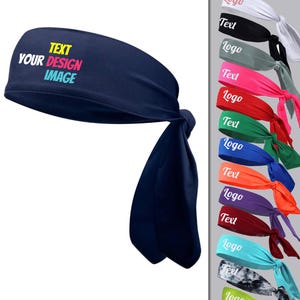 May include: A navy blue headband with white text that reads "TEXT YOUR DESIGN IMAGE". The headband is tied in a knot at the back. The image also shows a variety of other headbands in different colours.