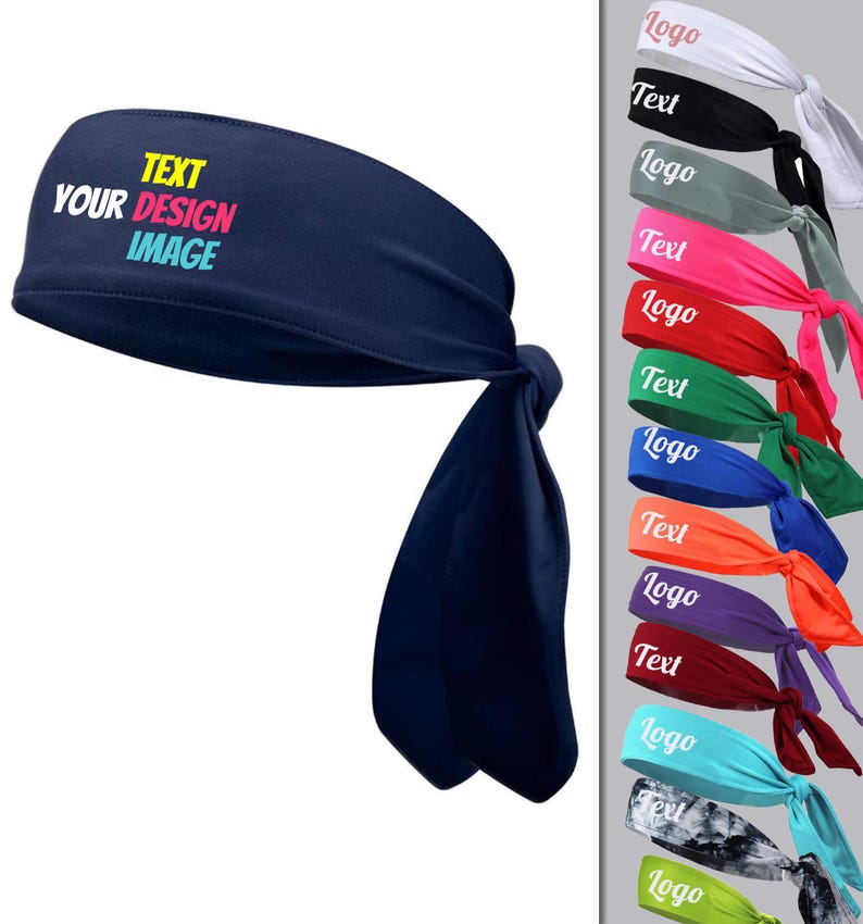 May include: A navy blue headband with white text that reads "TEXT YOUR DESIGN IMAGE". The headband is tied in a knot at the back. The image also shows a variety of other headbands in different colours.