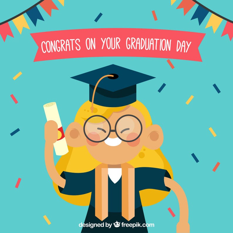 Puede incluir: Ilustraci&oacute;n de dibujos animados de un graduado con birrete y toga, sosteniendo un diploma. La imagen presenta el texto "CONGRATS ON YOUR GRADUATION DAY" en una pancarta roja, con confeti y banderines de colores en el fondo.