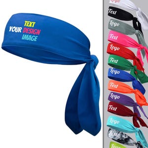 May include: A blue headband with a white text overlay that says "TEXT YOUR DESIGN IMAGE". The headband is tied in a knot at the back. There are 10 other headbands in different colours shown in the background.
