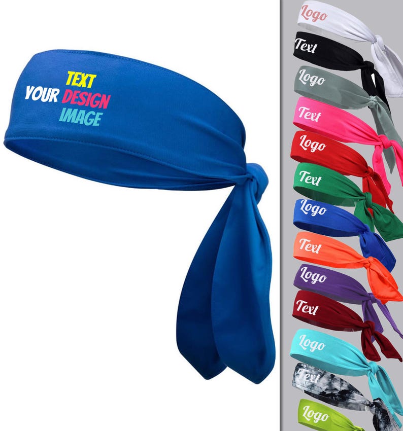 May include: A blue headband with a white text overlay that says "TEXT YOUR DESIGN IMAGE". The headband is tied in a knot at the back. There are 10 other headbands in different colours shown in the background.