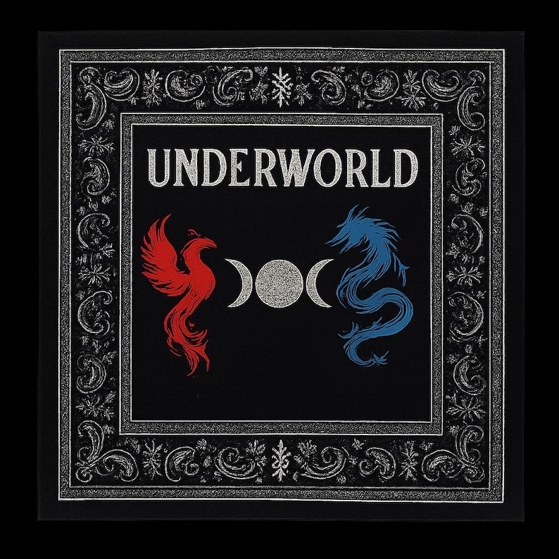 Puede incluir: Textil cuadrado negro con la palabra "UNDERWORLD" en plata. Un f&eacute;nix rojo y un drag&oacute;n azul se enfrentan, flanqueando un dise&ntilde;o de media luna plateada. El borde presenta un detallado patr&oacute;n plateado.