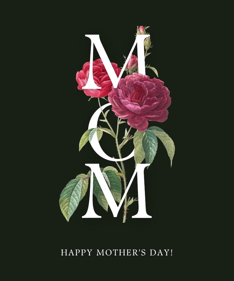 Puede incluir: Un dise&ntilde;o de tarjeta del D&iacute;a de la Madre con la palabra "MOM" en letras may&uacute;sculas blancas, entrelazada con rosas rojas y burdeos y hojas verdes, sobre un fondo verde oscuro. El texto "HAPPY MOTHER'S DAY!" est&aacute; en la parte inferior.