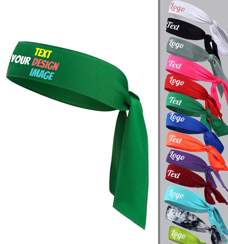 May include: A green headband with the text "TEXT YOUR DESIGN IMAGE" in yellow, pink, blue, and light blue. The headband is tied in a knot at the back of the head. There are 10 other headbands in different colours in the background.