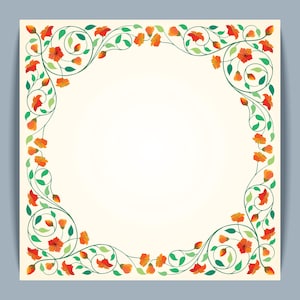 Puede incluir: Una tarjeta cuadrada de color crema con un borde floral. El borde presenta flores naranjas, hojas verdes y zarcillos. El dise&ntilde;o es sim&eacute;trico, con los elementos florales enmarcando un espacio central en blanco.