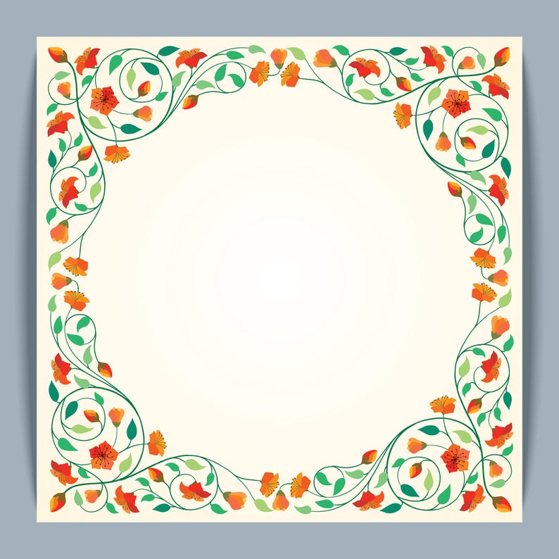 Puede incluir: Una tarjeta cuadrada de color crema con un borde floral. El borde presenta flores naranjas, hojas verdes y zarcillos. El dise&ntilde;o es sim&eacute;trico, con los elementos florales enmarcando un espacio central en blanco.
