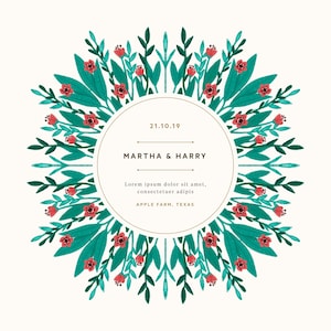 Puede incluir: Un dise&ntilde;o floral circular sobre un fondo crema. Hojas de color turquesa y flores rojas rodean un c&iacute;rculo central. El c&iacute;rculo contiene el texto "21.10.19", "MARTHA & HARRY" y otro texto. Tambi&eacute;n se incluye la ubicaci&oacute;n "APPLE FARM, TEXAS".