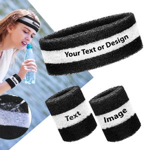 Custom Text, Design, Image Applied Striped Sweatband Set, SWEAT Headbands Wristband SET, Customized Headbands