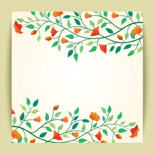 Puede incluir: Un dise&ntilde;o de tarjeta cuadrada de color crema, adornado con enredaderas florales. Flores naranjas y hojas verdes forman un borde decorativo en los bordes superior e inferior. El fondo es de color crema suave, creando un contraste delicado.