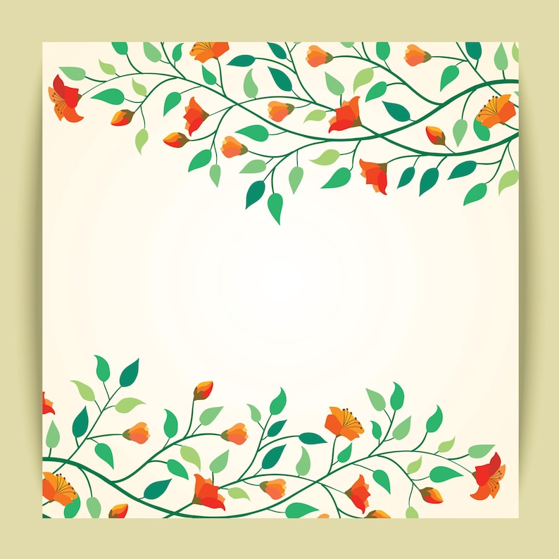 Puede incluir: Un dise&ntilde;o de tarjeta cuadrada de color crema, adornado con enredaderas florales. Flores naranjas y hojas verdes forman un borde decorativo en los bordes superior e inferior. El fondo es de color crema suave, creando un contraste delicado.