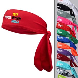 May include: A set of 10 colourful headbands with a tie at the back. The headbands are made of a soft, stretchy material and are perfect for working out, running, or just keeping your hair out of your face. The headbands are customisable with text and a logo. The text on the headband in the image reads "TEXT YOUR DESIGN IMAGE".