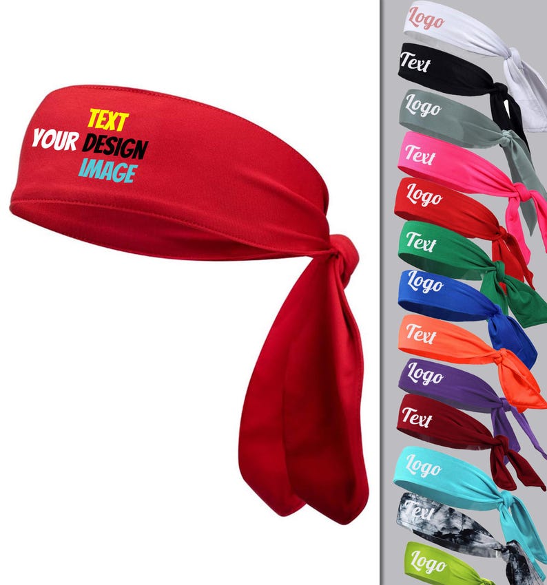May include: A set of 10 colourful headbands with a tie at the back. The headbands are made of a soft, stretchy material and are perfect for working out, running, or just keeping your hair out of your face. The headbands are customisable with text and a logo. The text on the headband in the image reads "TEXT YOUR DESIGN IMAGE".