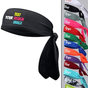 May include: A black headband with a white tail. The headband has the text "TEXT YOUR DESIGN IMAGE" in yellow, pink, and blue.