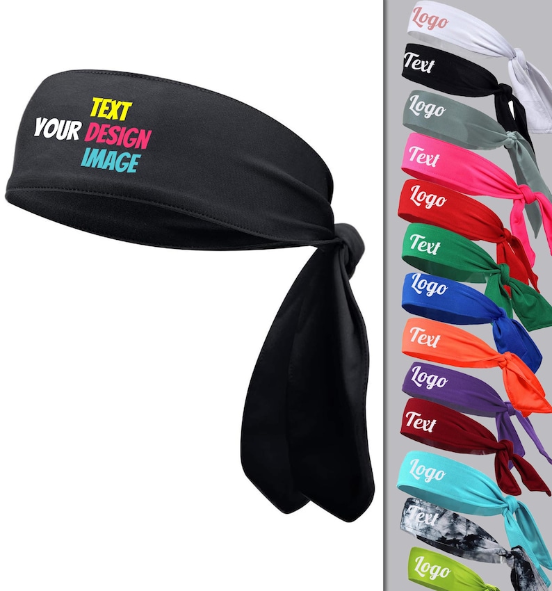 May include: A black headband with a white tail. The headband has the text "TEXT YOUR DESIGN IMAGE" in yellow, pink, and blue.