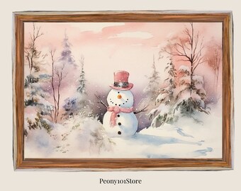 Pink Snowman Digital Print , Winter wall art winter snowman art ,This pink Christmas art brings a pastel palette to your holiday decor