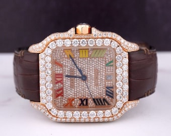 This is a physical Cartier watch, Cartier Santos Large Men's 40mm 18k Rose Gold Watch ICED 10ct Diamond Leather