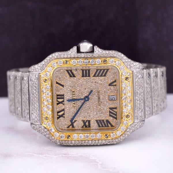 This is a physical Cartier watch, Cartier Santos Mens 40mm Large Model Steel Watch Yellow Roman Iced 20ct Diamonds