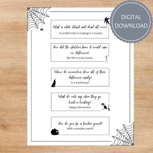 May include: Black and white printable Halloween-themed card with five Halloween jokes. The card features a spider web design and includes the text "DIGITAL DOWNLOAD".