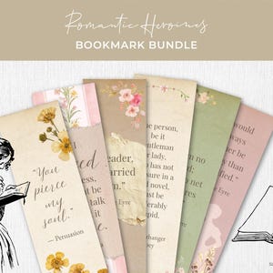 May include: A bundle of vintage-style bookmarks with quotes from classic literature. Each bookmark features floral accents and quotes from novels like "Persuasion" and "Jane Eyre". The design includes a sketch of a woman reading and an open book with a quill.