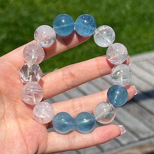 Aquamarine and Blue Needle Quartz Bracelet, Natural Gemstone Healing, 15mm