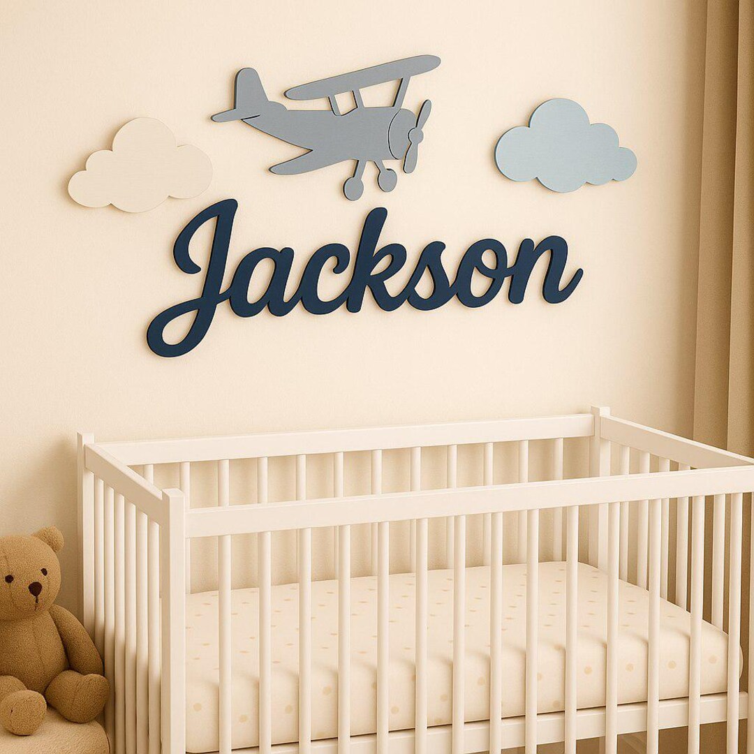 Personalized Baby Name Sign, Airplane and Cloud Wooden Nursery Name ...
