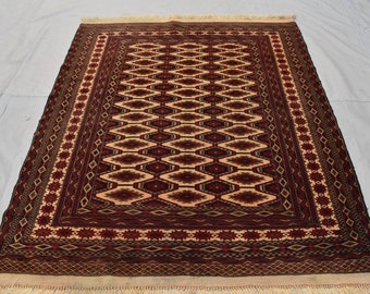 Vintage Afghan Turkmen Rug: Zahir Shahi Wool Carpet (6.5 x 4.9 ft)