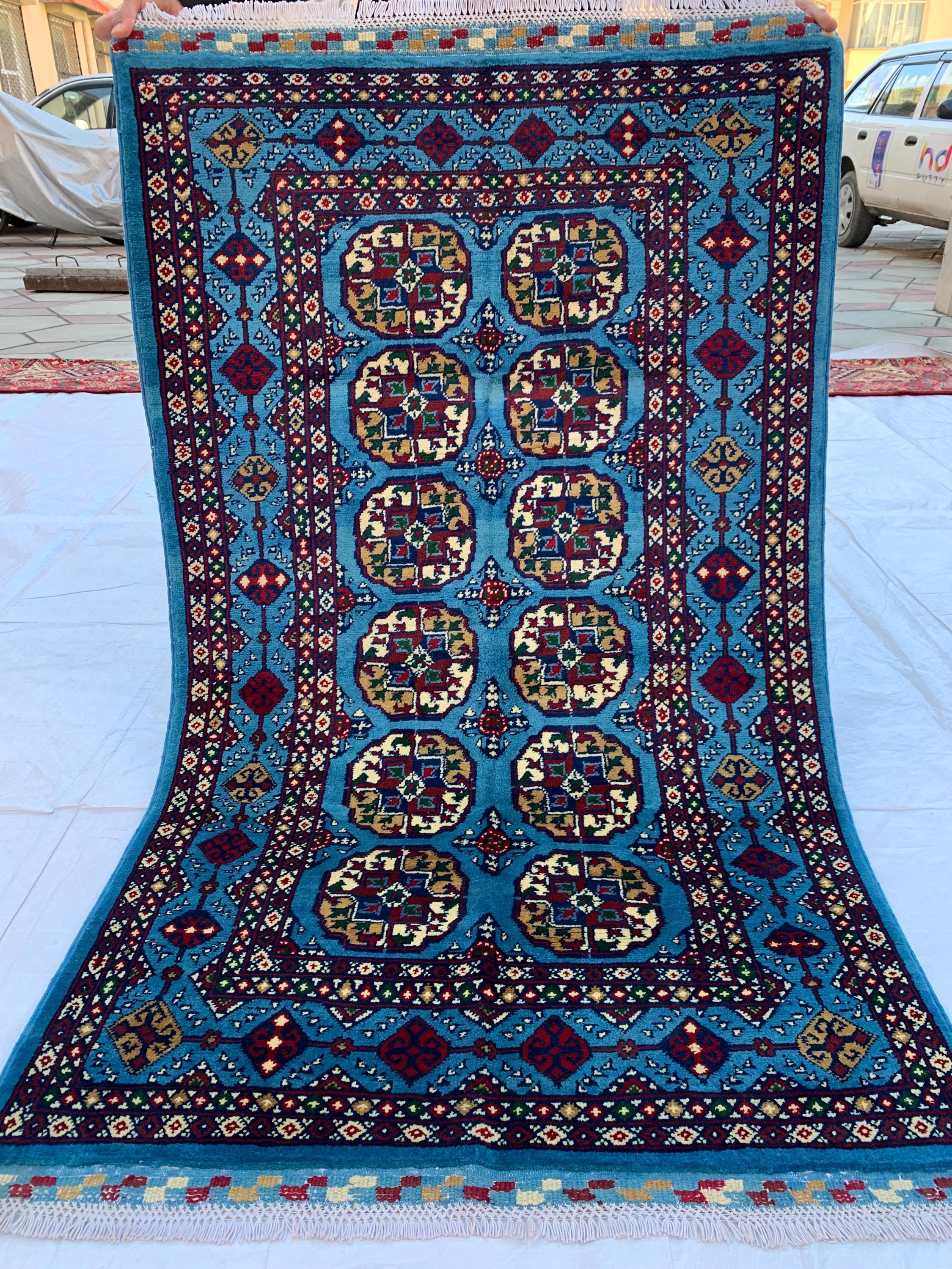 新品 トライバルラグ ブハラ ラホール産 （195×127cm) ブルー 青