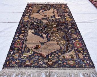 100-Year-Old Afghan War Rug – Handmade Wool Tribal Carpet, 6.6 x 3.6 ft | Rare Collectible with Unique Human Figures | Wall Hanging Rug