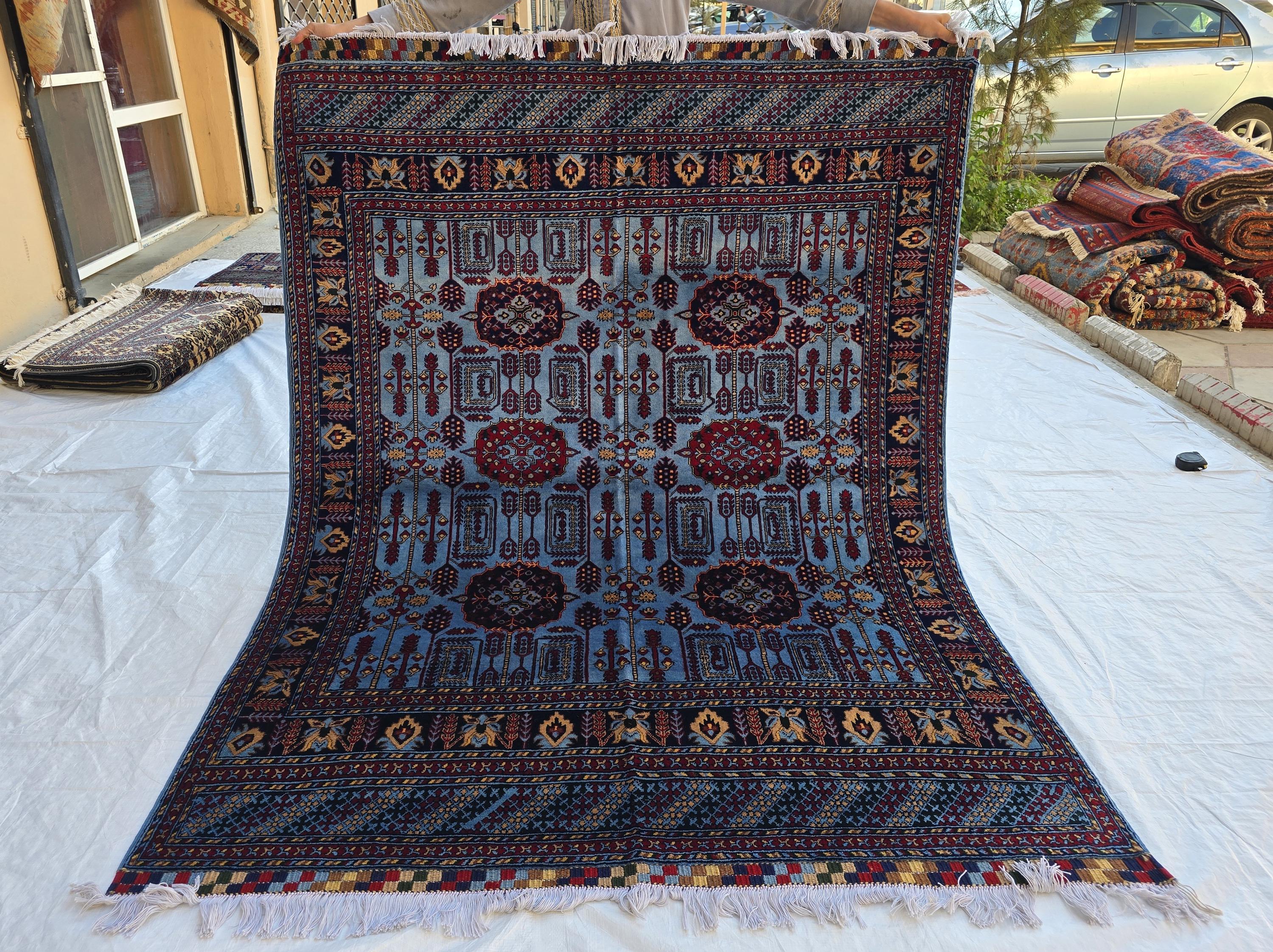 ハンドメイドのアフガニスタンガンダムウールラグ：ネイビーブルー