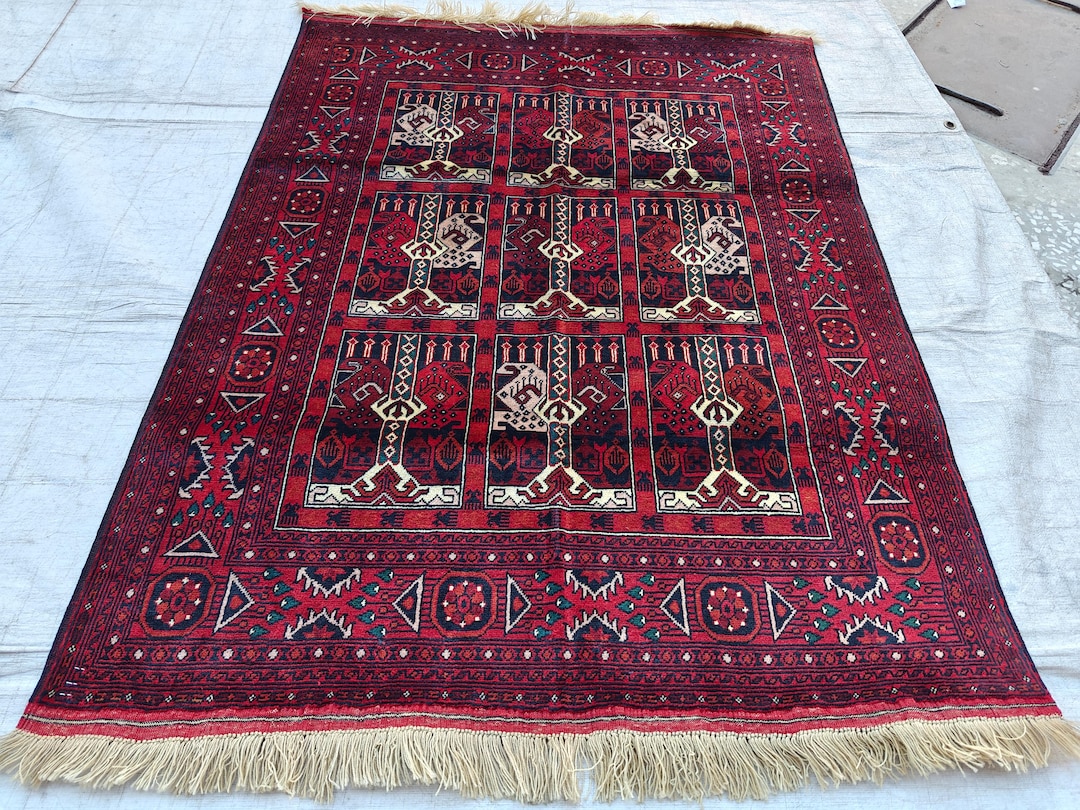 4.5x3.4 Vintage Ala Bakhmal Handmade Afghan Rug, Rugs for Living Room ...