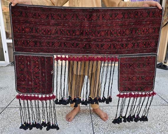 Handwoven Afghan Wool Rug: 4x3 Red Turkmen Tapestry, Boho Wall Hanging