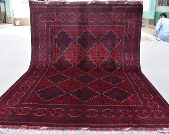 Deep Red & Navy Handmade Geometric Afghan Rug 5x7 ft – Carpet for Living Room