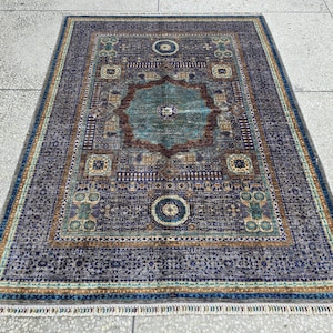 Modern Mamluk Rug 6.6x5.7 ft – Handwoven Afghan Carpet | Blue, Teal, Rust & Beige Oriental Design | Handmade Wool Area Rug 203 x 174cm19