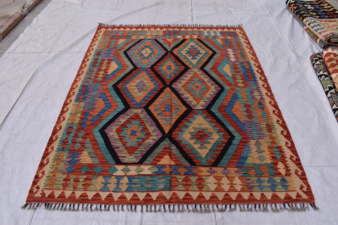 手織りアフガンキリムラグ: トライバルヴィンテージギラム、6.9x5.2