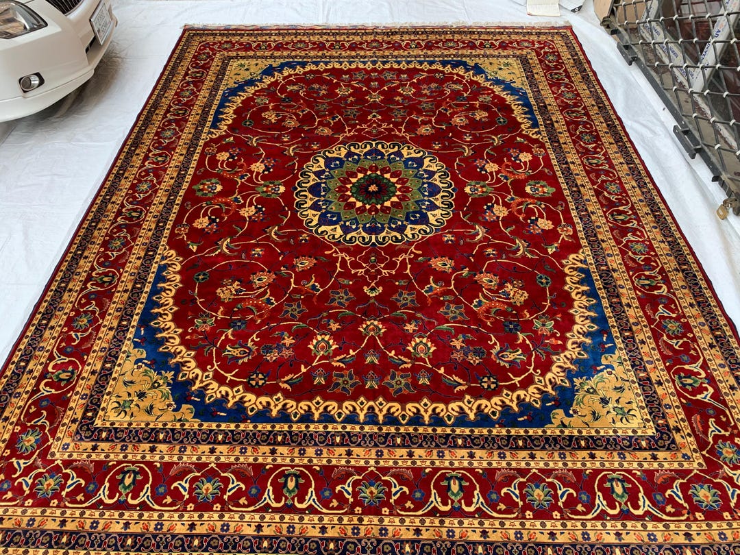 ハンドメイドのアフガニスタンウールラグ：9.11 x 13フィート、赤、青