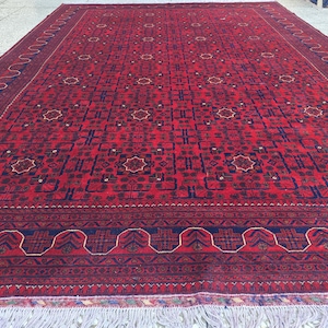 8x11 Large Afghan Handwoven Bukhara Carpet, Turkmen Soft Oriental Red and Blue Wool Rug, Boho Home Decor, Large Living Room Rug, Bedroom Rug