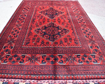 Handmade Afghan Bokhara Rug: Turkmen Wool, Red Oriental Carpet (3x5 ft)