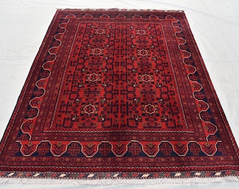 Rug 5x7 Afghan Handmade Red and Blue Soft Tribal Geometric Carpet. Living Room Rug