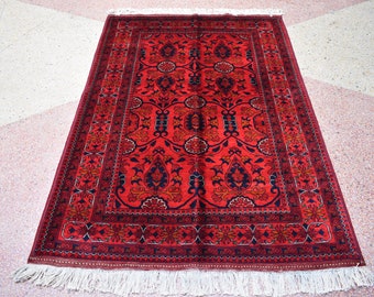 ハンドメイドのアフガニスタン・トルクメンウールラグ：4.11 x 3.4