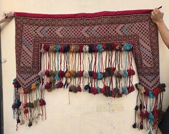 Maroon Teal Handwoven Wall Hanging – Vintage Bohemian Wool Tapestry with Tassels