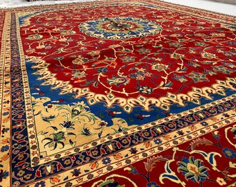 ハンドメイドのアフガニスタンウールラグ：9.11 x 13フィート、赤、青